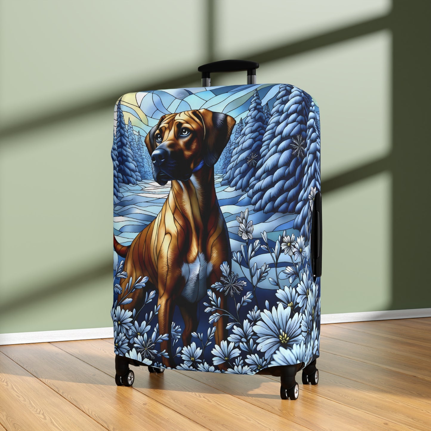 Rhodesian Ridgeback Luggage Cover, Stained Glass, Winter Scene