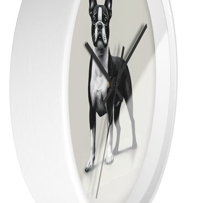 Round Wood Frame Wall Clock, Boston Terrier