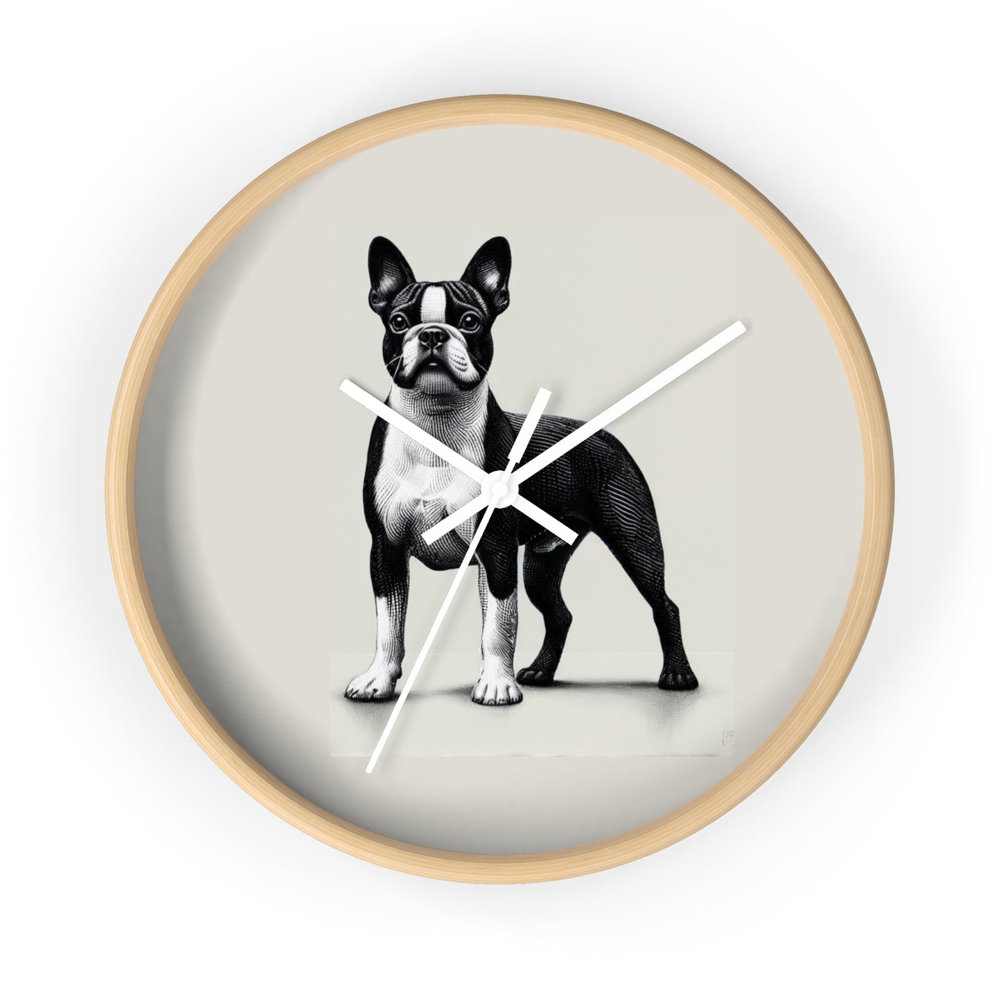Round Wood Frame Wall Clock, Boston Terrier