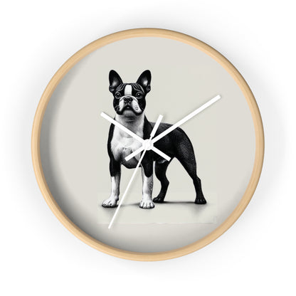 Round Wood Frame Wall Clock, Boston Terrier