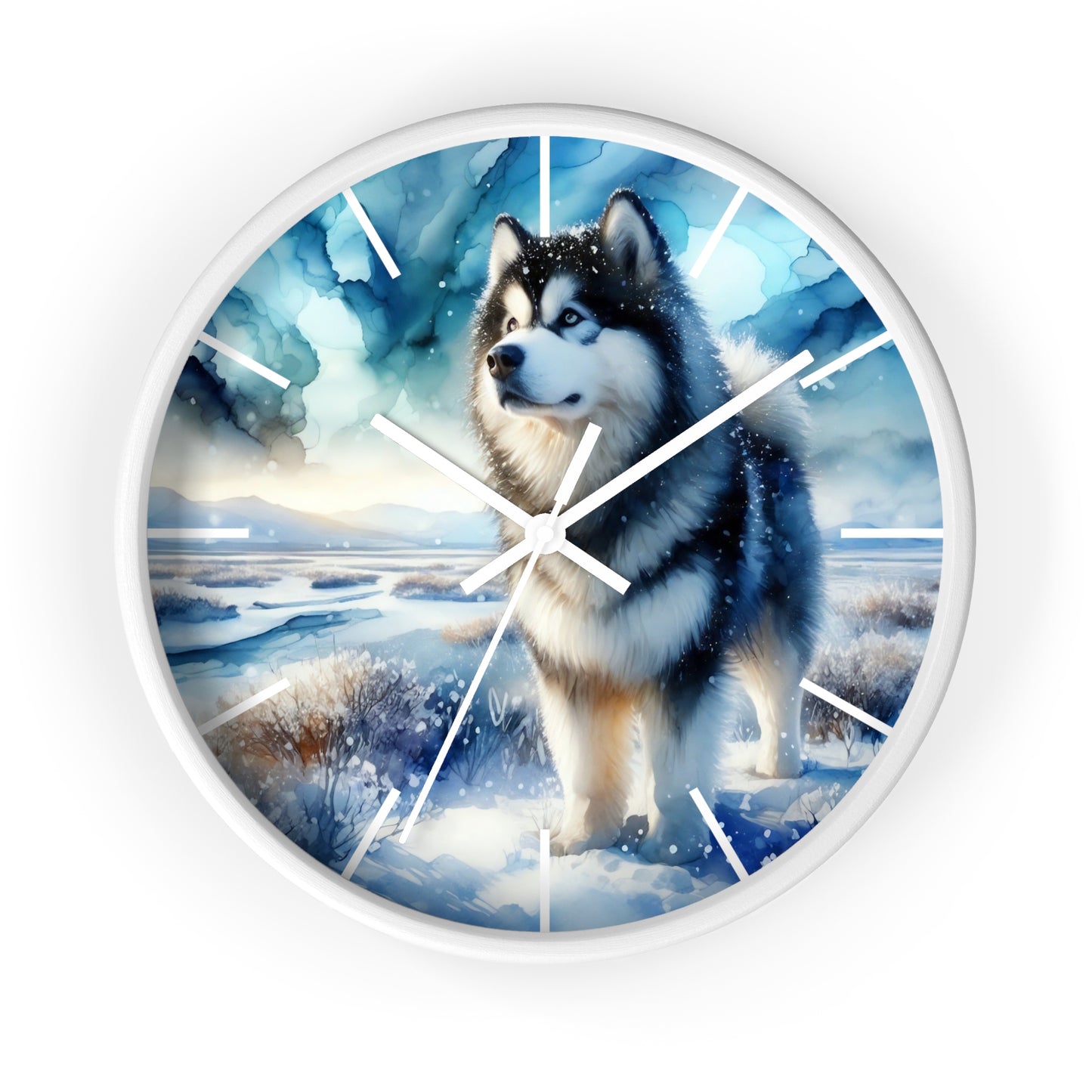 Wall Clock, Alaskan Malamute, Arctic scene in alcohol ink style art #1