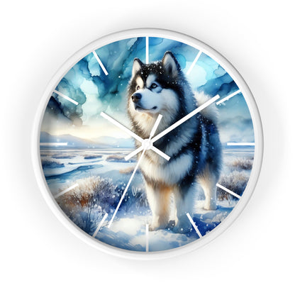 Wall Clock, Alaskan Malamute, Arctic scene in alcohol ink style art #1