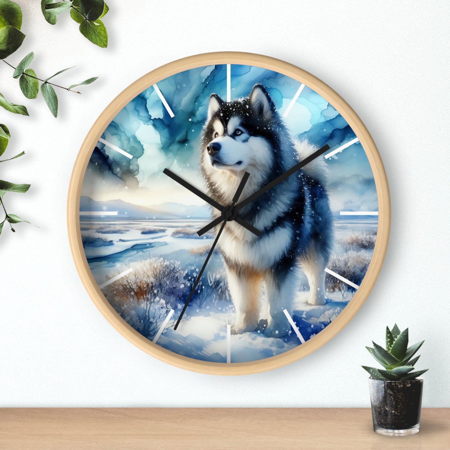 Wall Clock, Alaskan Malamute, Arctic scene in alcohol ink style art #1