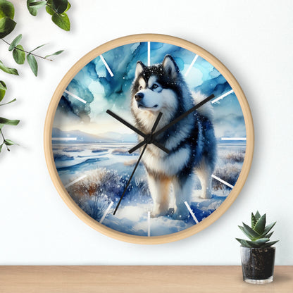 Wall Clock, Alaskan Malamute, Arctic scene in alcohol ink style art #1
