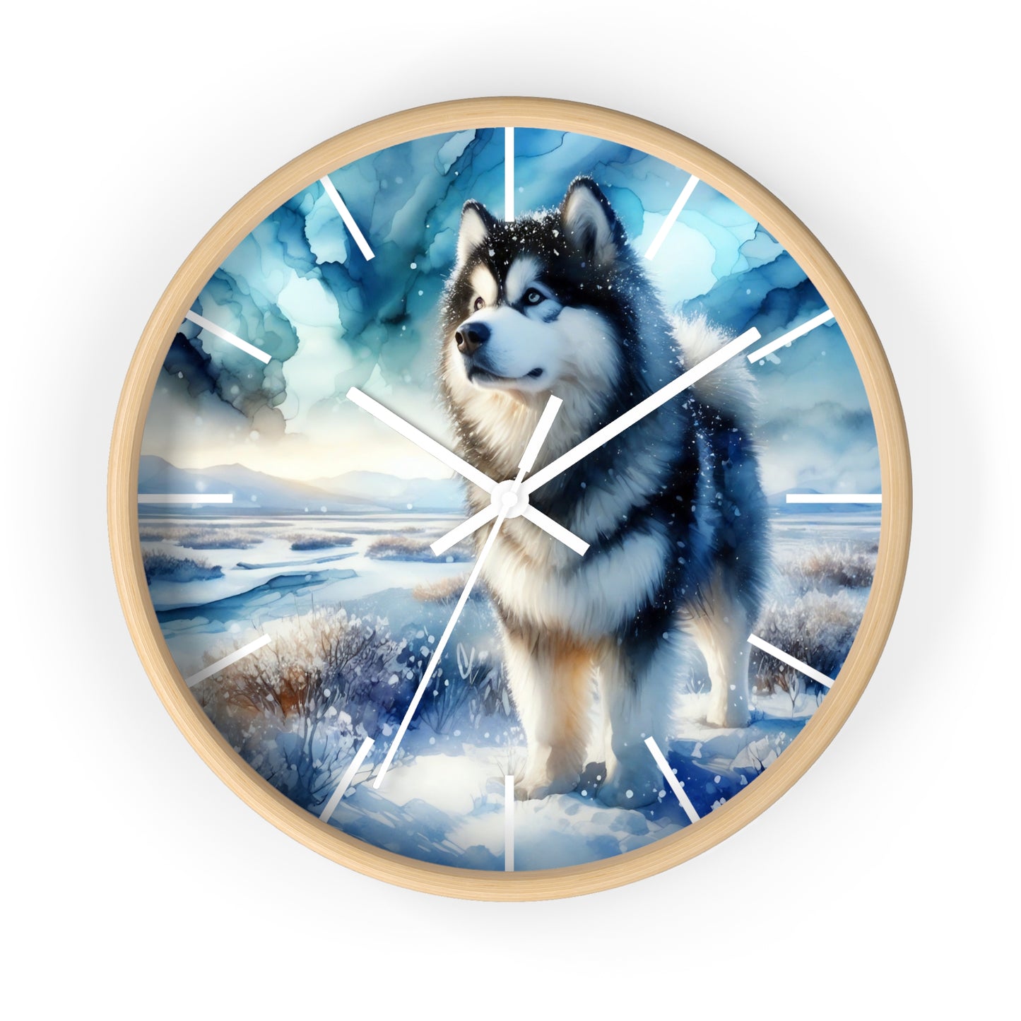 Wall Clock, Alaskan Malamute, Arctic scene in alcohol ink style art #1