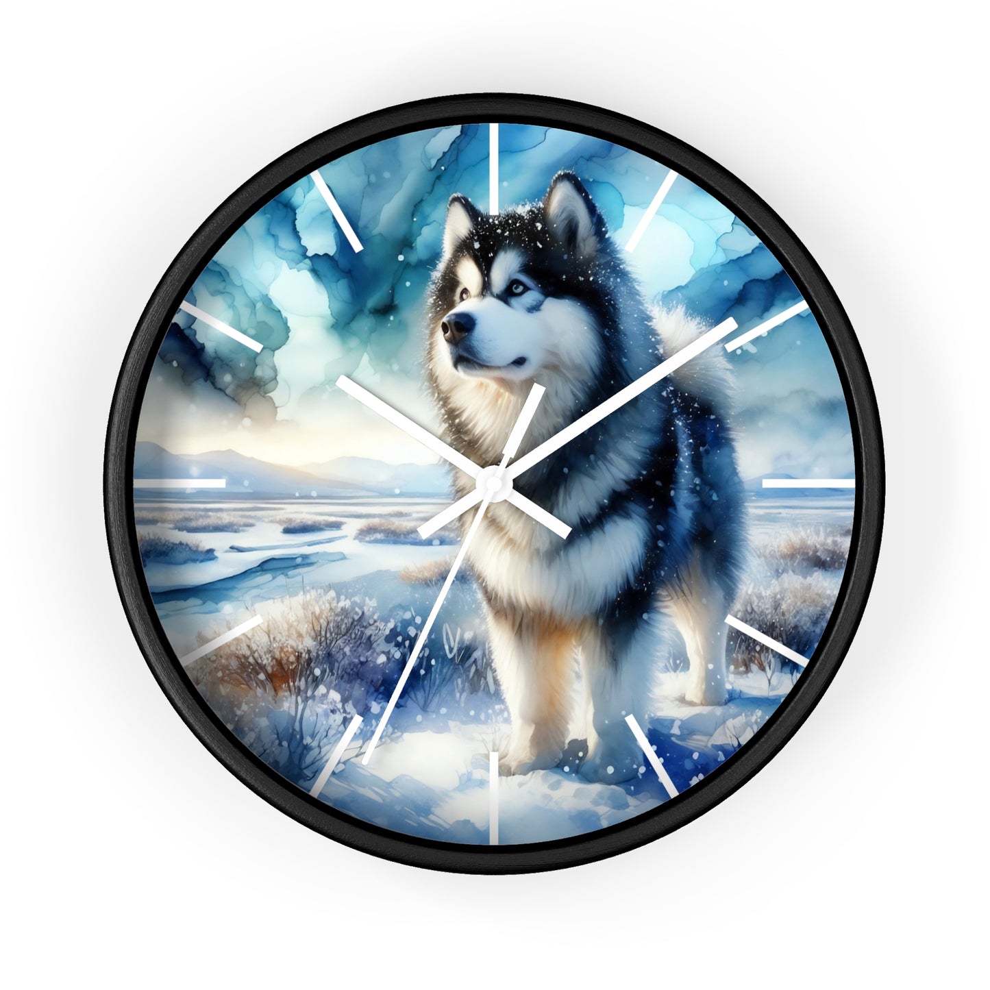 Wall Clock, Alaskan Malamute, Arctic scene in alcohol ink style art #1