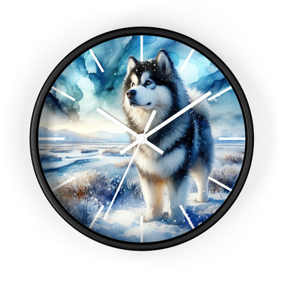 Wall Clock, Alaskan Malamute, Arctic scene in alcohol ink style art #1