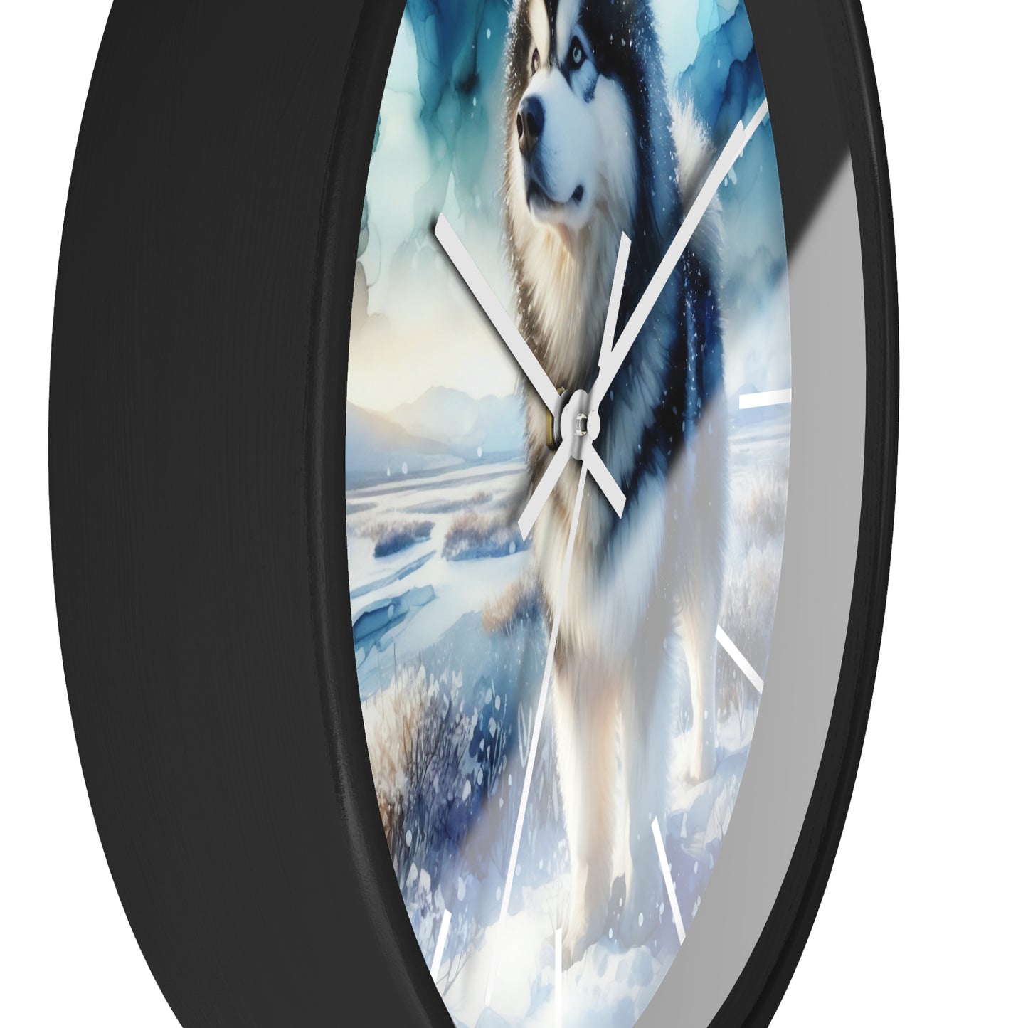 Wall Clock, Alaskan Malamute, Arctic scene in alcohol ink style art #1