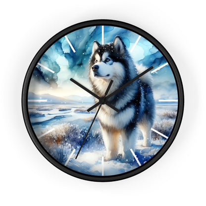 Wall Clock, Alaskan Malamute, Arctic scene in alcohol ink style art #1