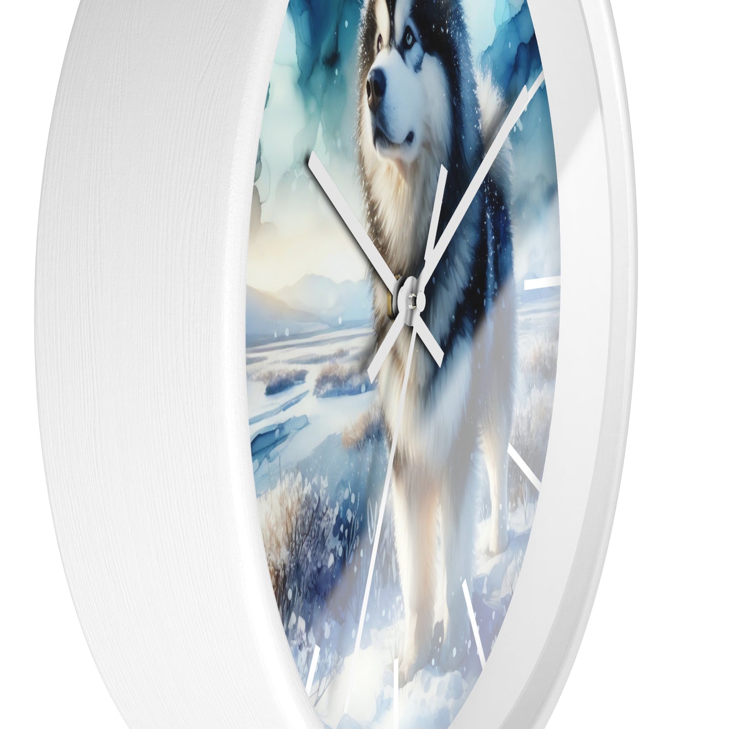 Wall Clock, Alaskan Malamute, Arctic scene in alcohol ink style art #1