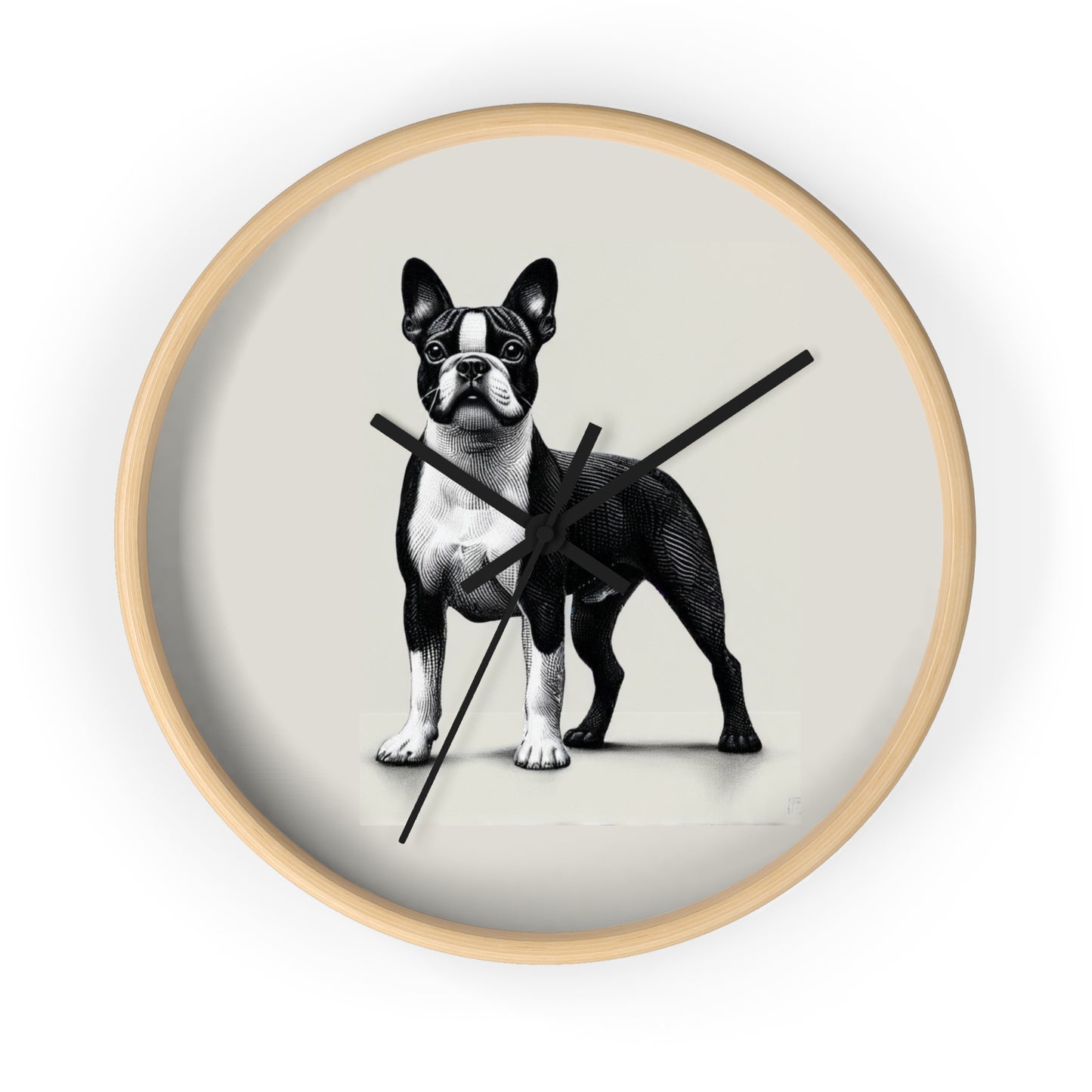 Round Wood Frame Wall Clock, Boston Terrier
