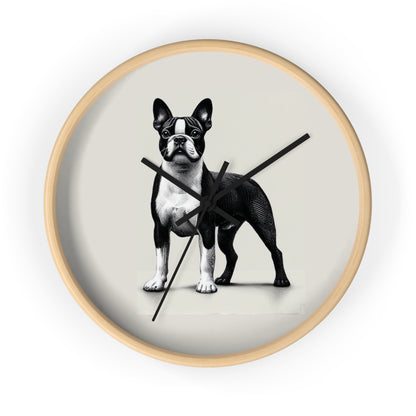 Round Wood Frame Wall Clock, Boston Terrier
