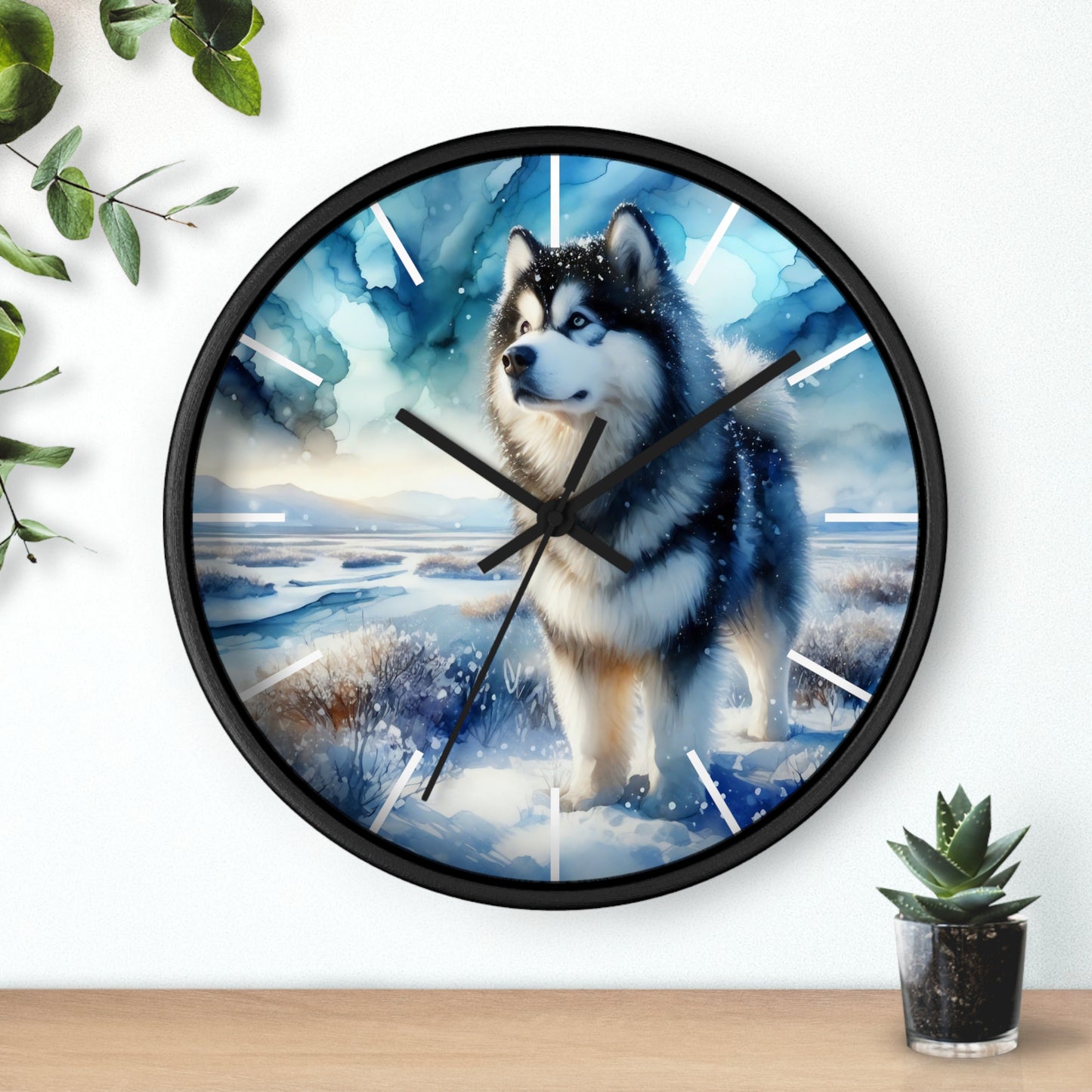 Wall Clock, Alaskan Malamute, Arctic scene in alcohol ink style art #1