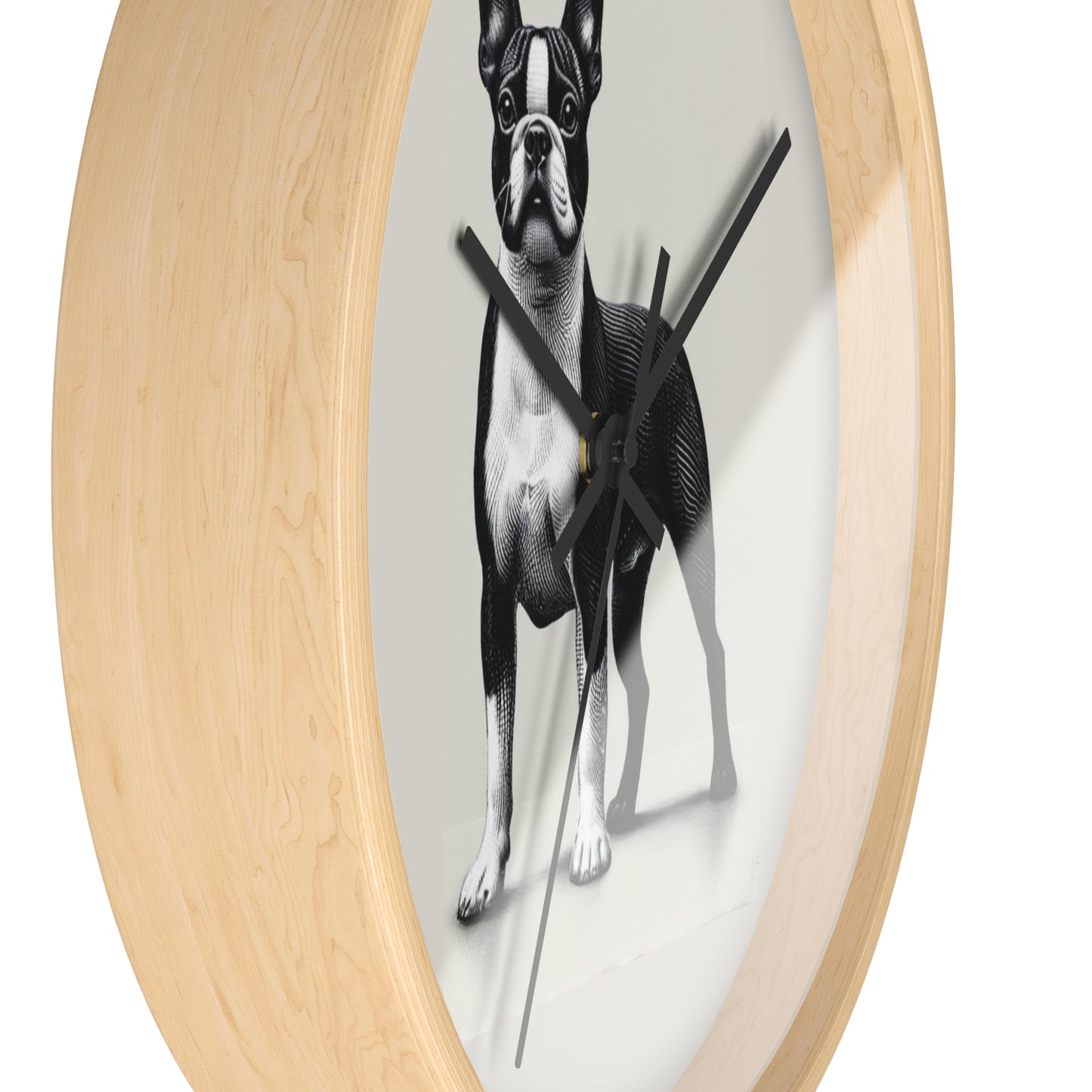 Round Wood Frame Wall Clock, Boston Terrier