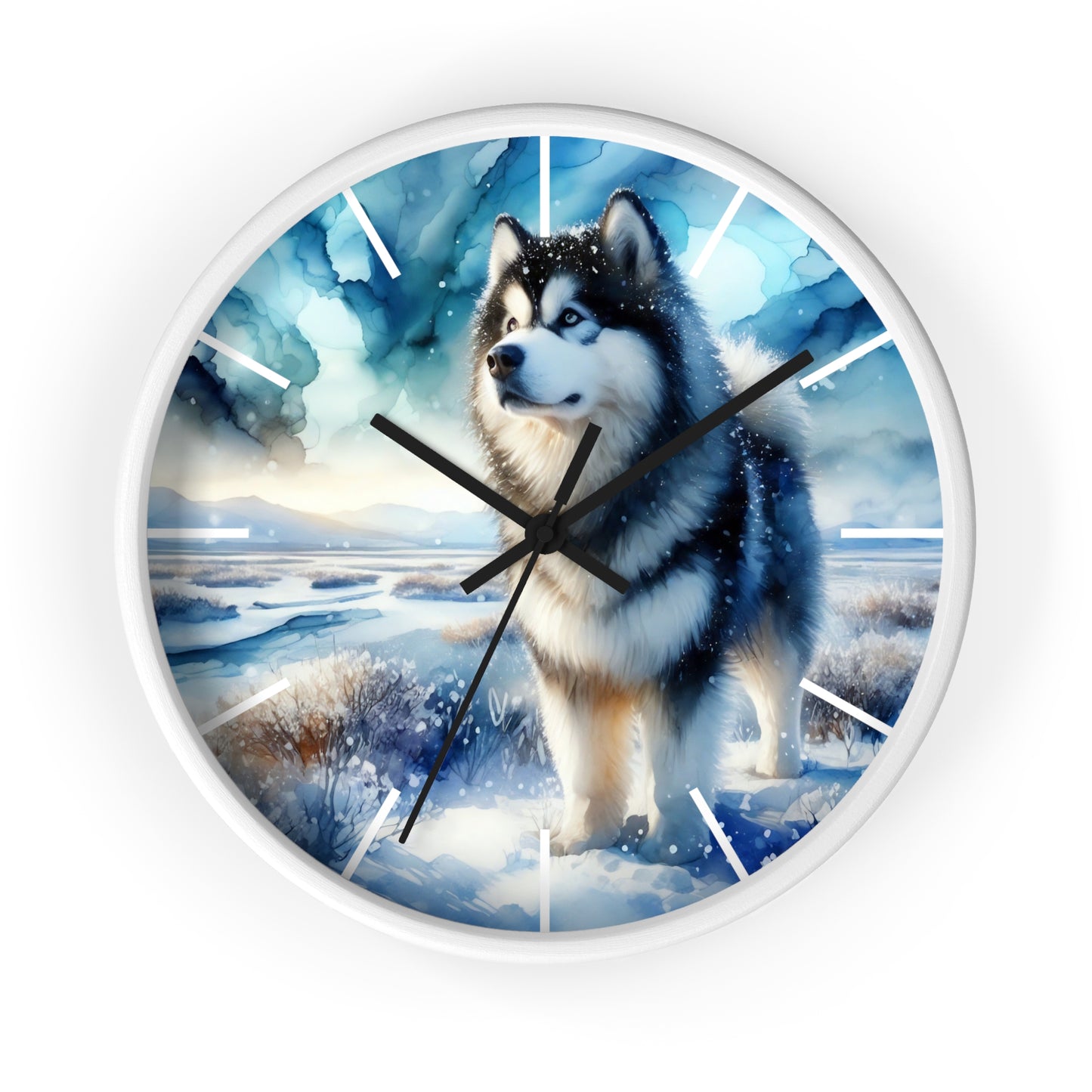 Wall Clock, Alaskan Malamute, Arctic scene in alcohol ink style art #1