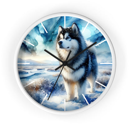 Wall Clock, Alaskan Malamute, Arctic scene in alcohol ink style art #1