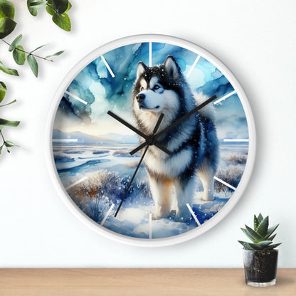 Wall Clock, Alaskan Malamute, Arctic scene in alcohol ink style art #1