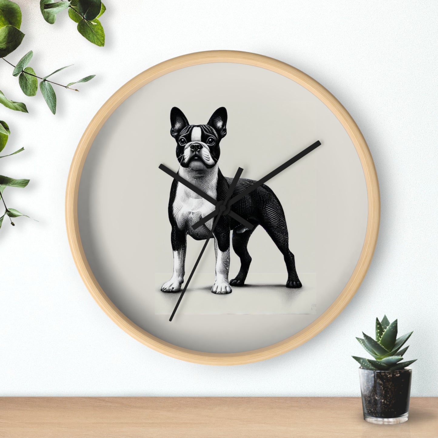 Round Wood Frame Wall Clock, Boston Terrier