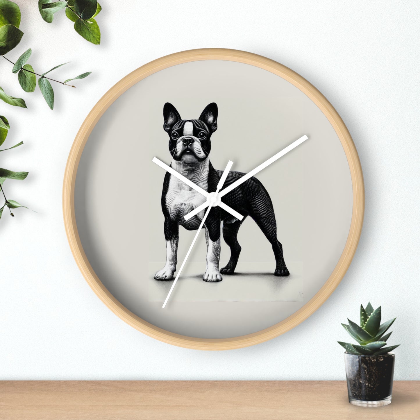 Round Wood Frame Wall Clock, Boston Terrier