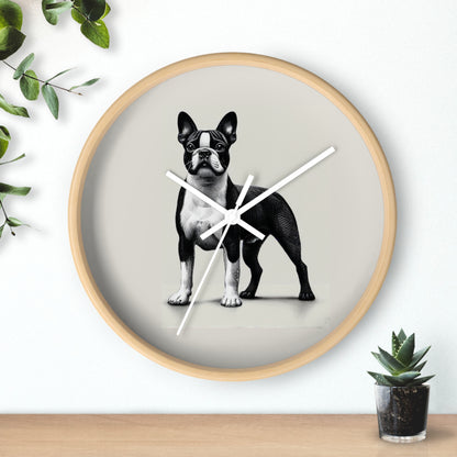 Round Wood Frame Wall Clock, Boston Terrier