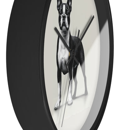 Round Wood Frame Wall Clock, Boston Terrier