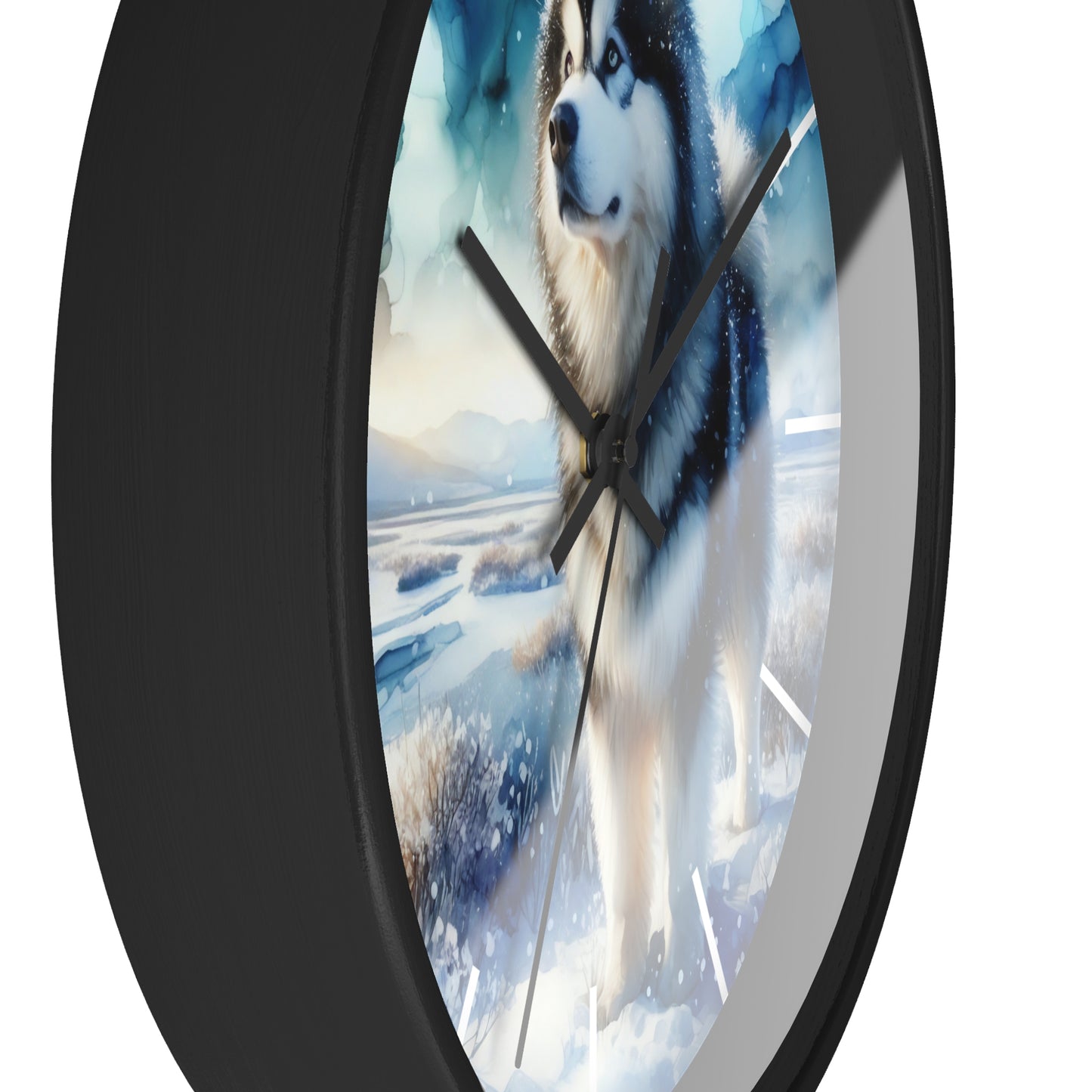Wall Clock, Alaskan Malamute, Arctic scene in alcohol ink style art #1