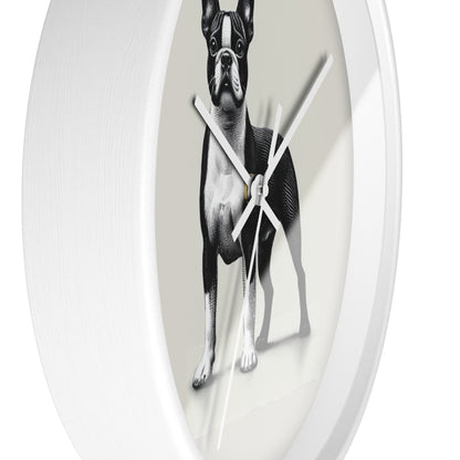 Round Wood Frame Wall Clock, Boston Terrier