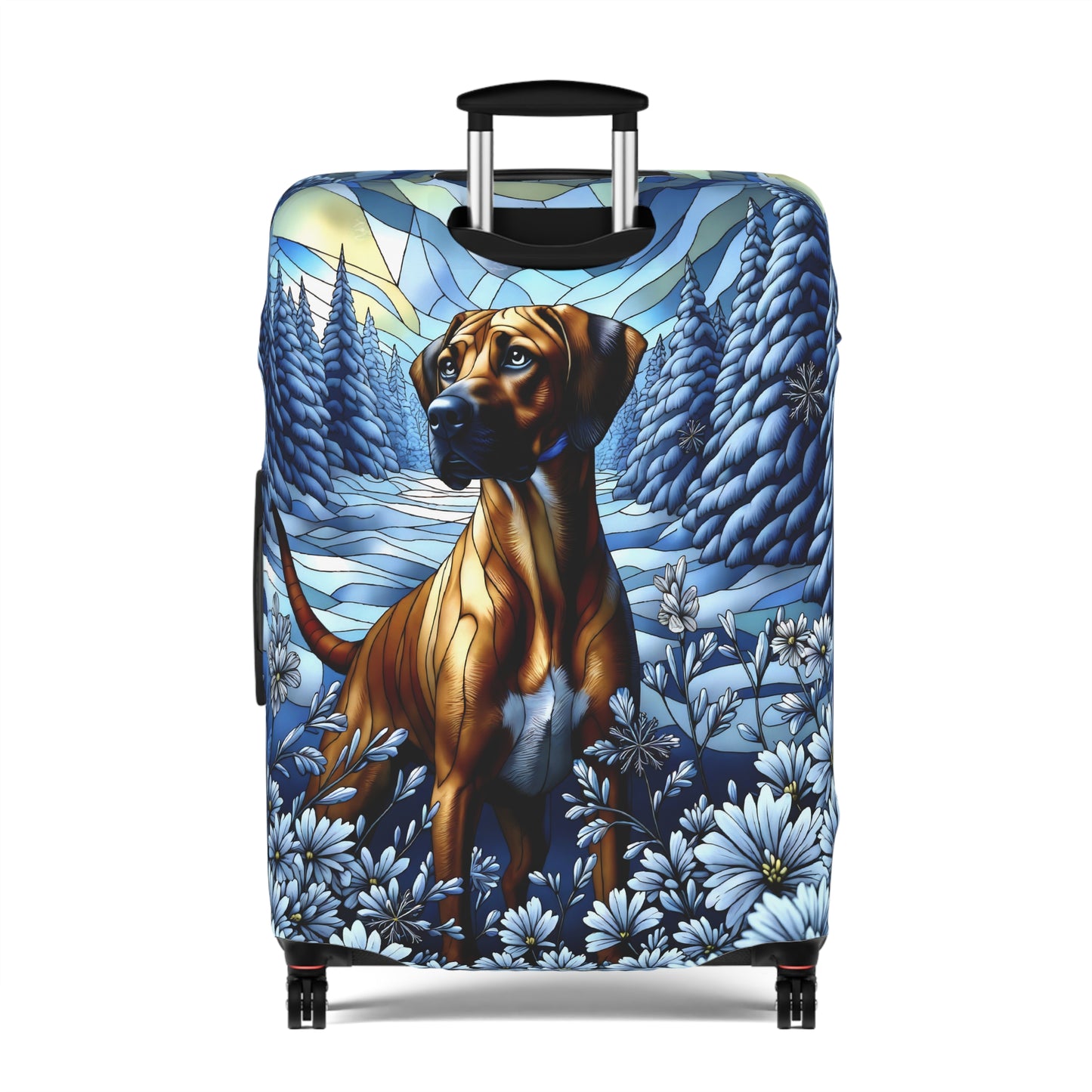 Rhodesian Ridgeback Luggage Cover, Stained Glass, Winter Scene