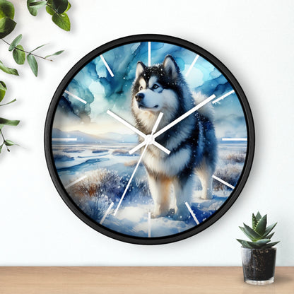 Wall Clock, Alaskan Malamute, Arctic scene in alcohol ink style art #1