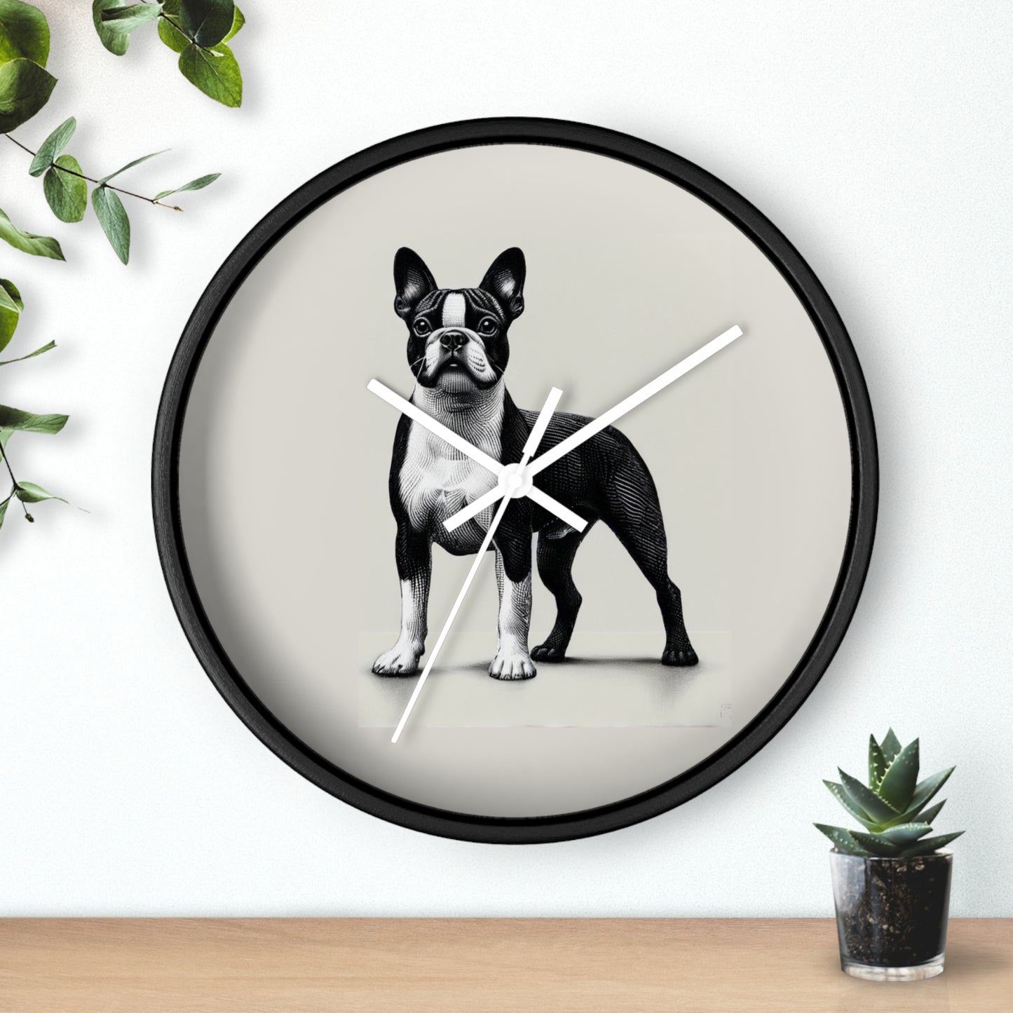 Round Wood Frame Wall Clock, Boston Terrier