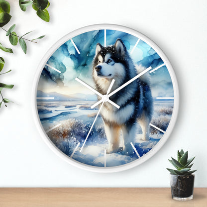 Wall Clock, Alaskan Malamute, Arctic scene in alcohol ink style art #1