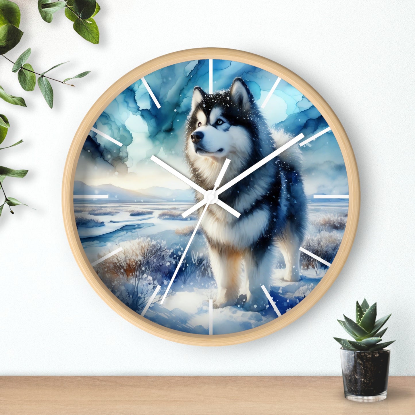 Wall Clock, Alaskan Malamute, Arctic scene in alcohol ink style art #1