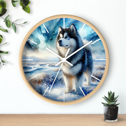 Wall Clock, Alaskan Malamute, Arctic scene in alcohol ink style art #1