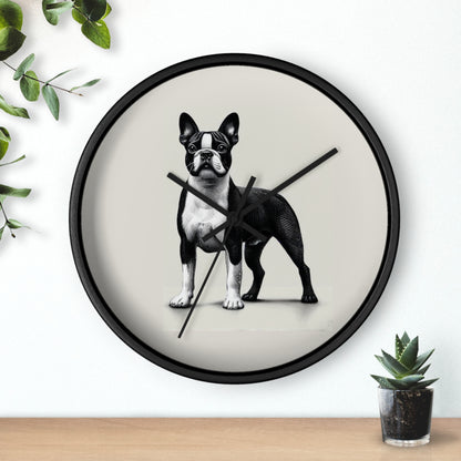 Round Wood Frame Wall Clock, Boston Terrier