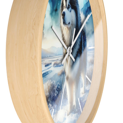 Wall Clock, Alaskan Malamute, Arctic scene in alcohol ink style art #1