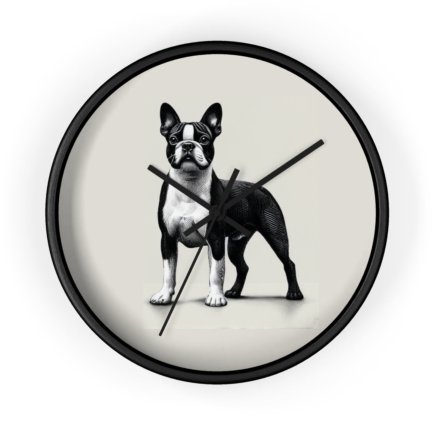 Round Wood Frame Wall Clock, Boston Terrier