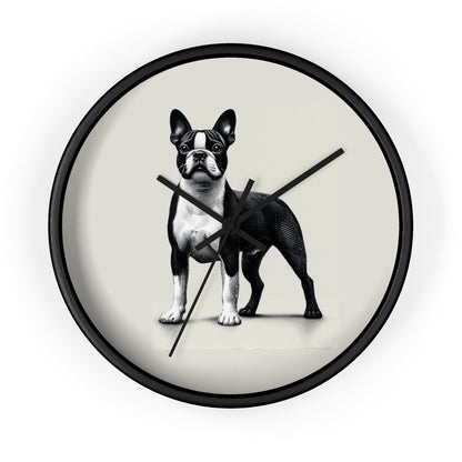 Round Wood Frame Wall Clock, Boston Terrier