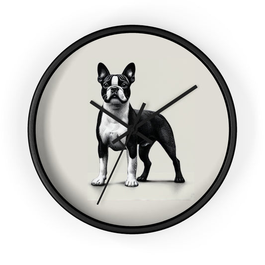 Round Wood Frame Wall Clock, Boston Terrier