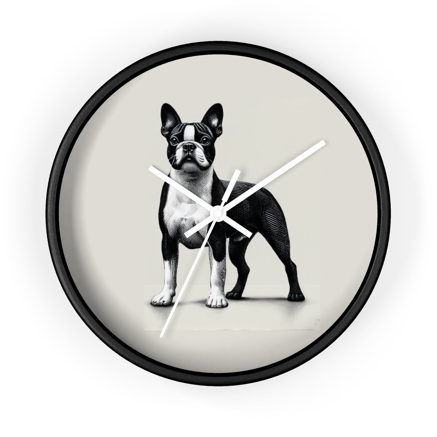 Round Wood Frame Wall Clock, Boston Terrier
