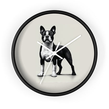 Round Wood Frame Wall Clock, Boston Terrier