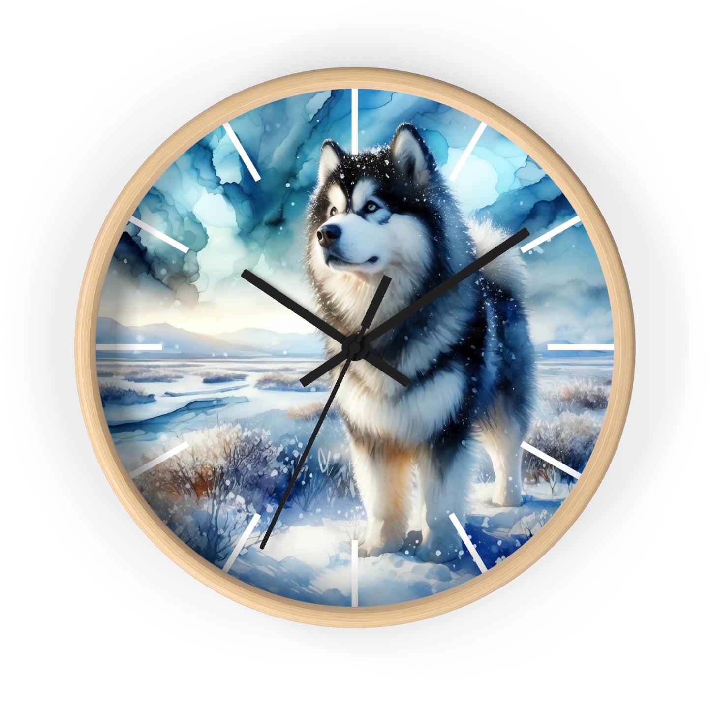 Wall Clock, Alaskan Malamute, Arctic scene in alcohol ink style art #1