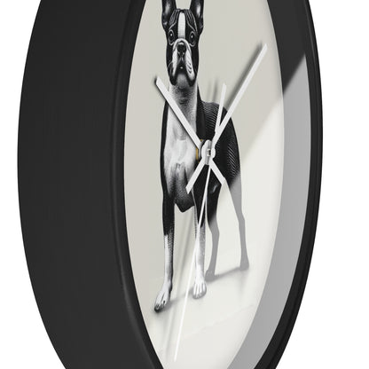 Round Wood Frame Wall Clock, Boston Terrier