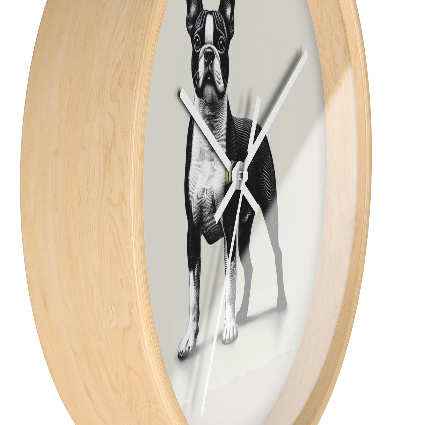 Round Wood Frame Wall Clock, Boston Terrier
