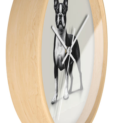 Round Wood Frame Wall Clock, Boston Terrier