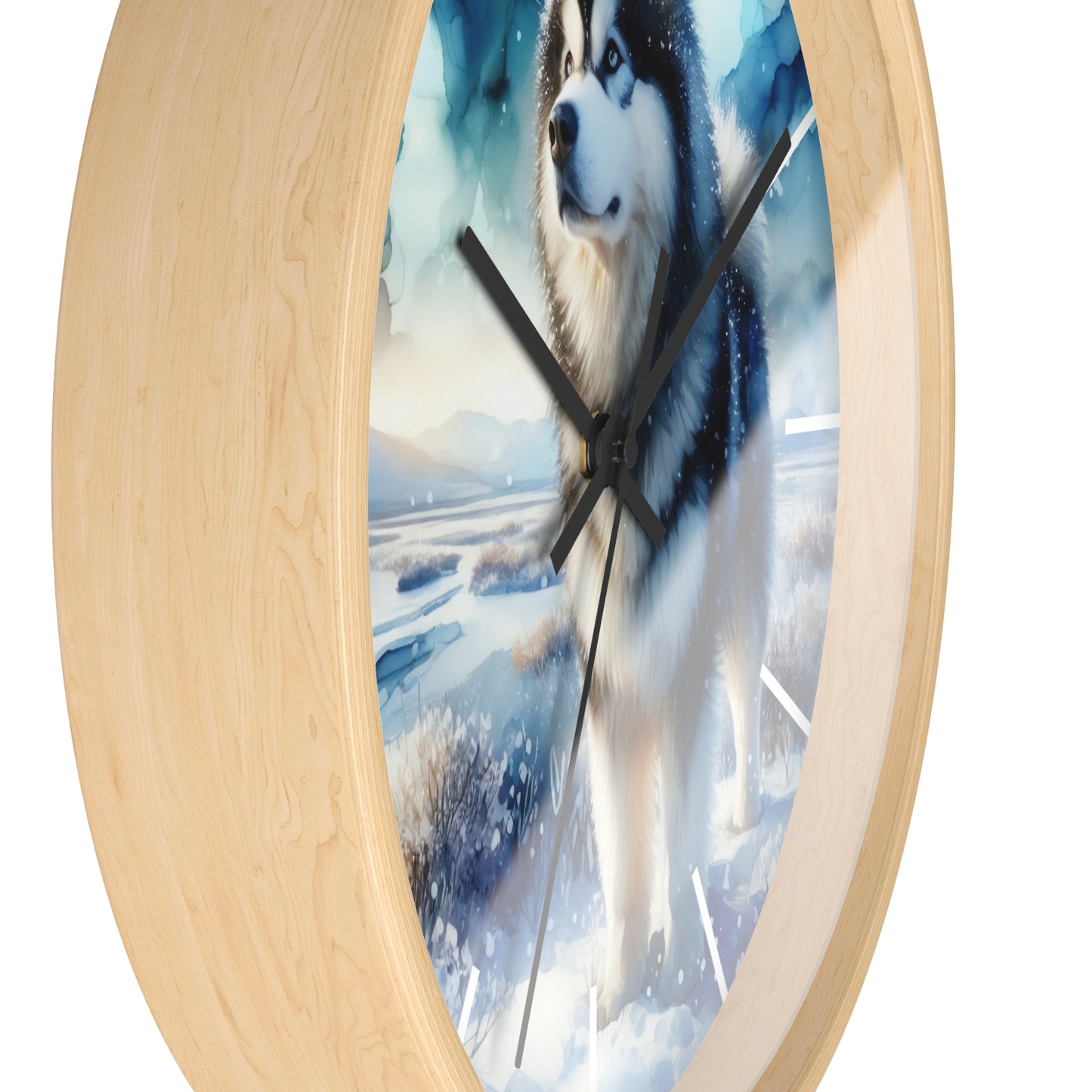 Wall Clock, Alaskan Malamute, Arctic scene in alcohol ink style art #1