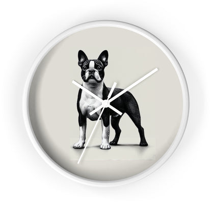 Round Wood Frame Wall Clock, Boston Terrier
