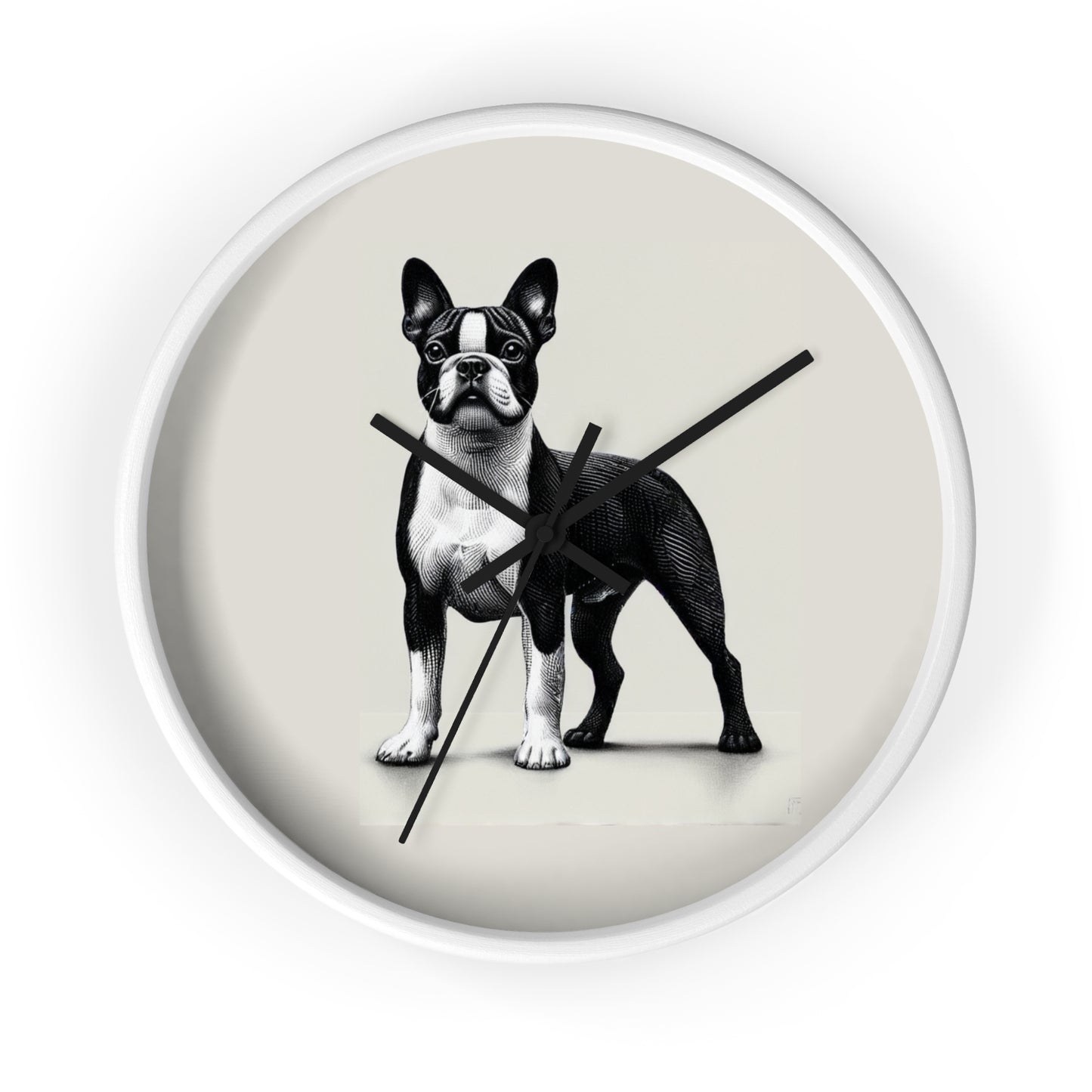Round Wood Frame Wall Clock, Boston Terrier