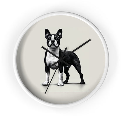 Round Wood Frame Wall Clock, Boston Terrier