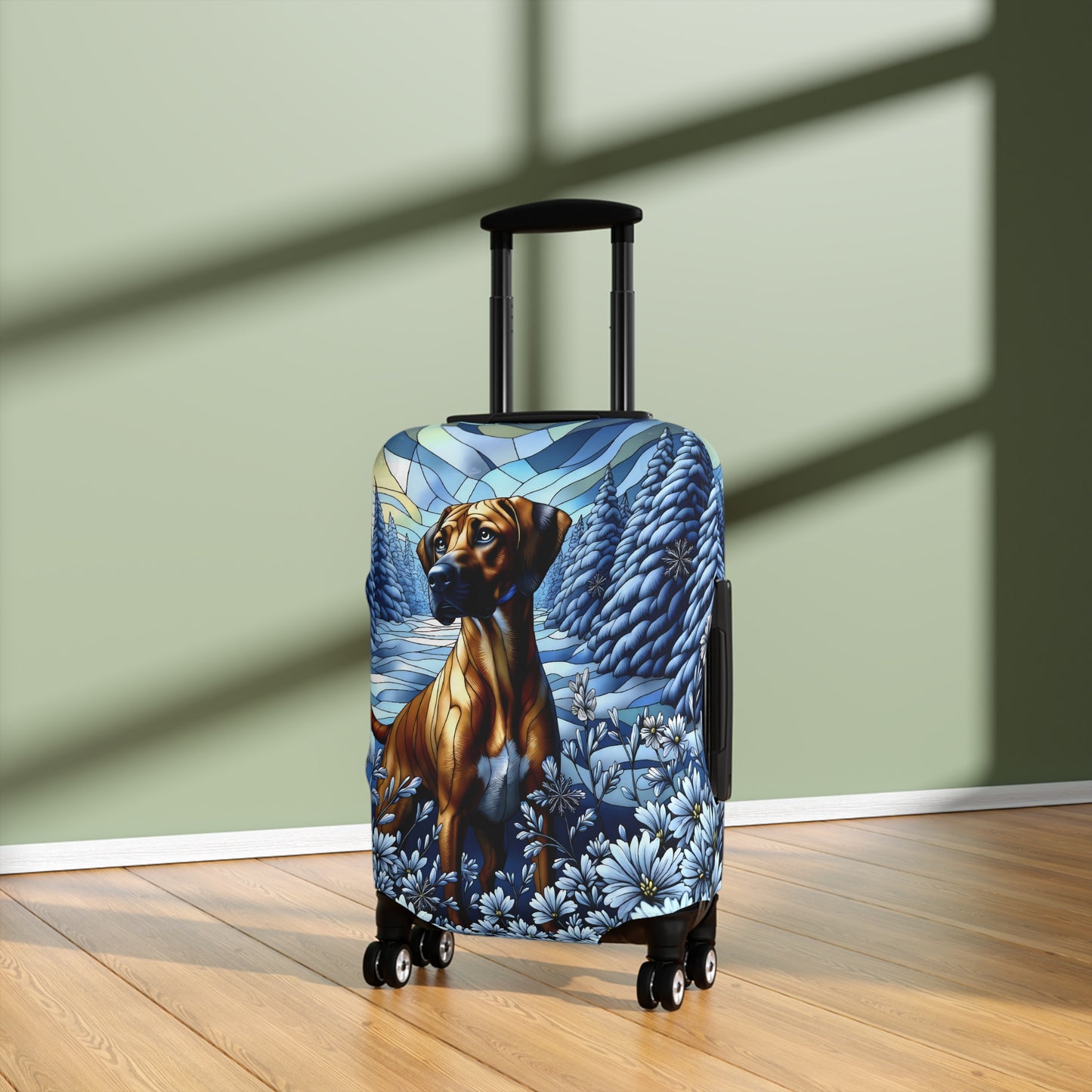 Rhodesian Ridgeback Luggage Cover, Stained Glass, Winter Scene