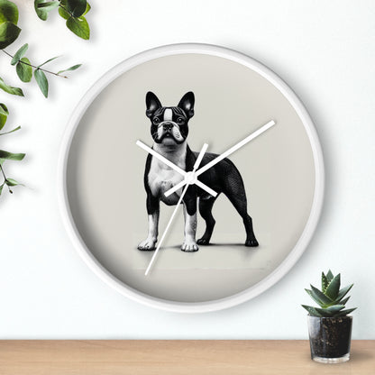 Round Wood Frame Wall Clock, Boston Terrier